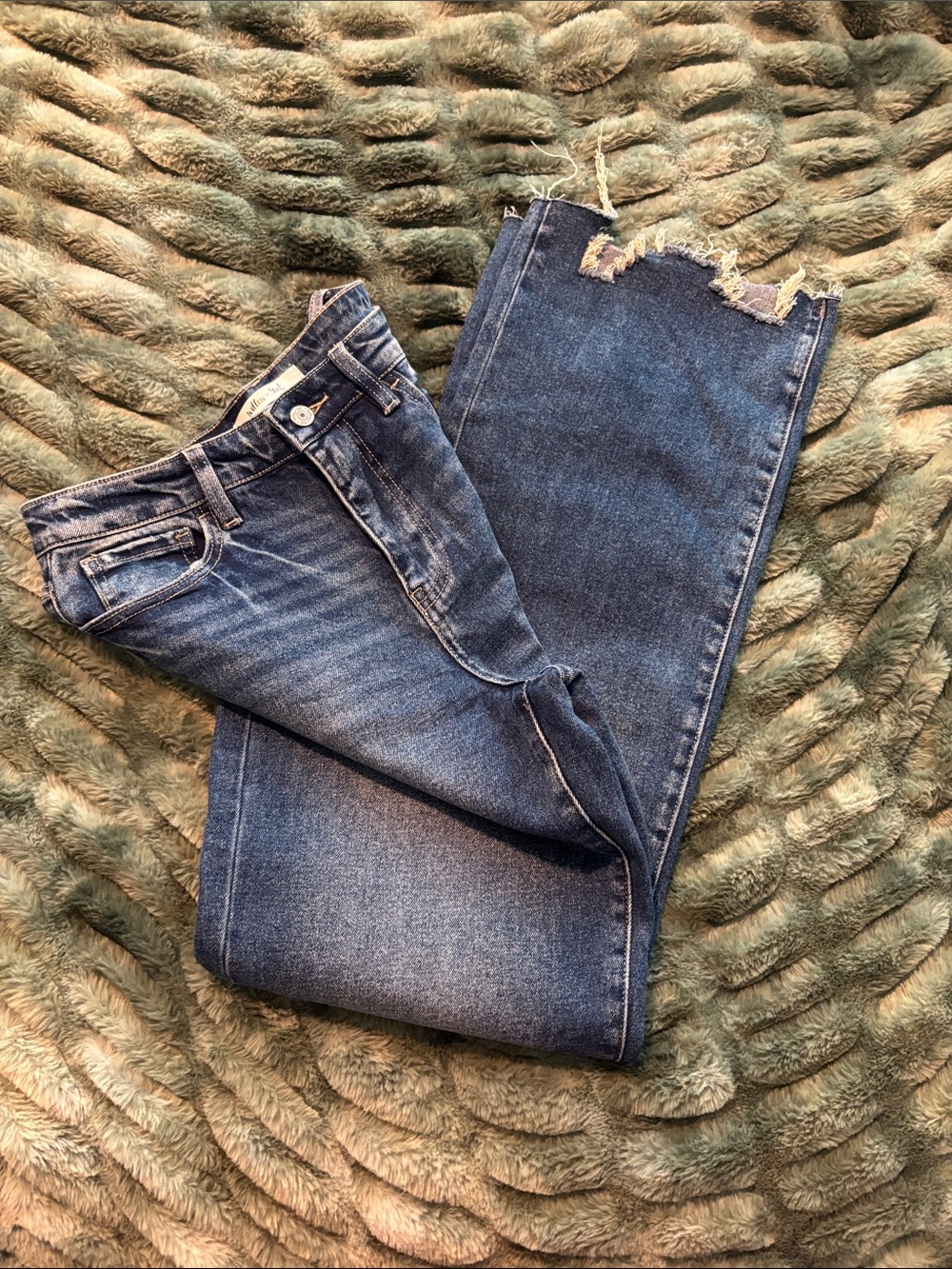 Willow + Root High-Rise Distressed Hem Women’s Jeans - wide leg-Blue